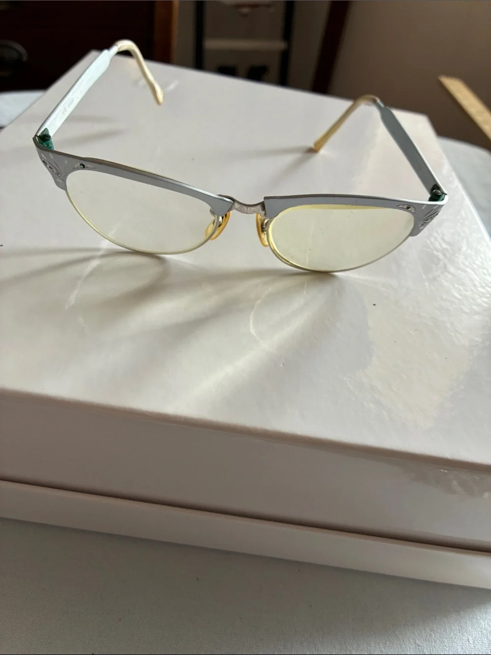 Vintage 1950’s Silver and Gold Cat Eye Aluminum Glasses with Floral Engraving